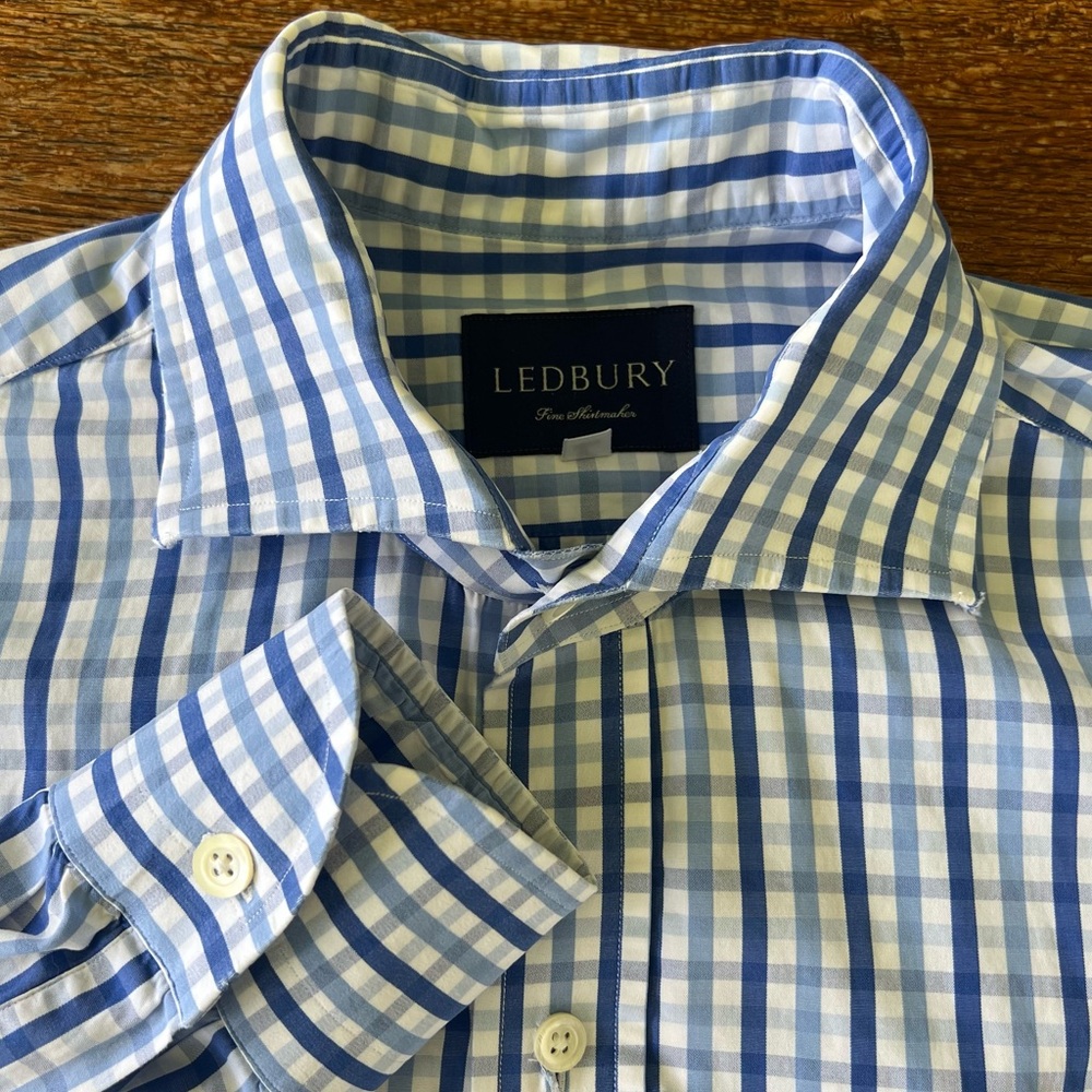 Ledbury Dress Shirt Men’s button down blue plaid cotton long sleeve Size 16